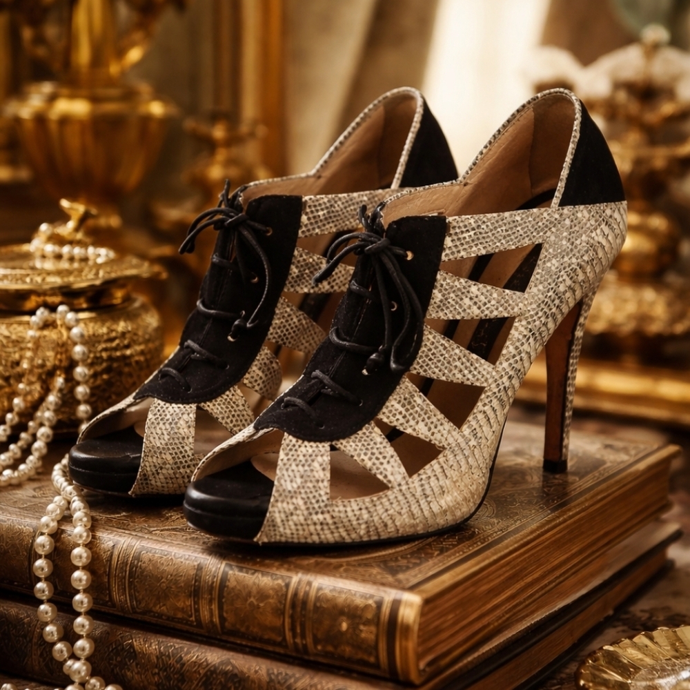 Chrissie Morris Rare Lizard Leather Cutout Heels Sz 38.5 / US 8.5 $1,100 Retail